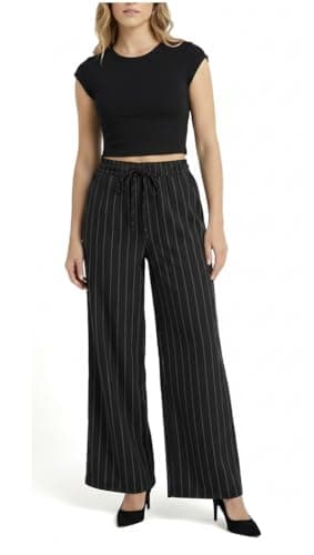 Image of INSAFIANS Womens Stripe Palazzo Trousers Wide Leg Elasticated Waist Stretchy Casual Fit (Stripe - Black M-L Long)