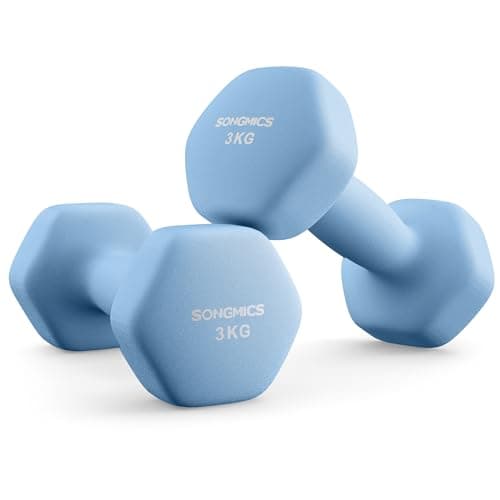Image of SONGMICS Set of 2 Dumbbells, 2 x 3 kg Hand Weights with Neoprene Coating, Hexagonal Dumbbells Pair, Home Workout, Fitness Training Exercise, Pale Blue SYL906QZ01