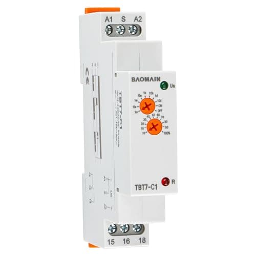 Image of Baomain Multifunction Timer Relay, 16A/AC250V, 1-SPDT Delay OFF, 12-240VAC/DC, DIN Rail Mounting, Timer Switch, TBT7-C1 (Delay OFF)