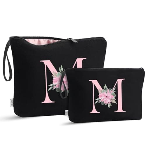 Image of Vavabox 2 Pcs Initial Toiletry Bags Set,Birthday Gifts for Women,Travel Portable Toiletry Bag with Handle (M, Black)