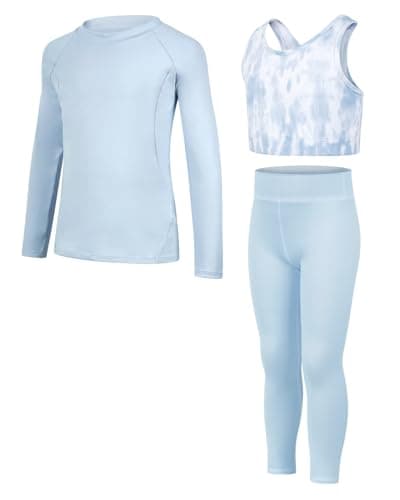 Image of JiAmy Girls Yoga Leggings Top Set Girls Tracksuit 3PCS Kids Sport Clothes Activewear Tranning Bras Set for 6-7 Years Blue
