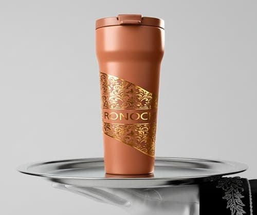 Image of RONOCHI Premium Stainless Steel Travel Mug, Sophisticated Ornate Gold Colour Pattern. (Mocha, 18.0, Fluid Ounces)