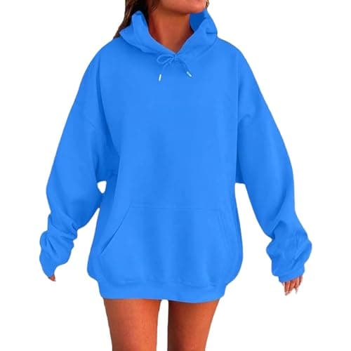 Image of Cute Hoodie Womens Hoodies Oversized Ladies Casual Pullover Tops Long Sleeve Solid Color Hoodie Autumn Winter Sweatshirts with Pockets Ladies Jumpers Blue