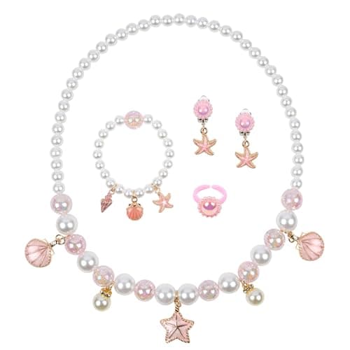 Image of OSDUE Girls Shell Jewelry Set, Necklace Earring Bracelet Ring Set, Jewelry Favors Set for Little Girl, Princess Jewelry Party for Toddler Little Girl Play Party Favors, Birthday Gift