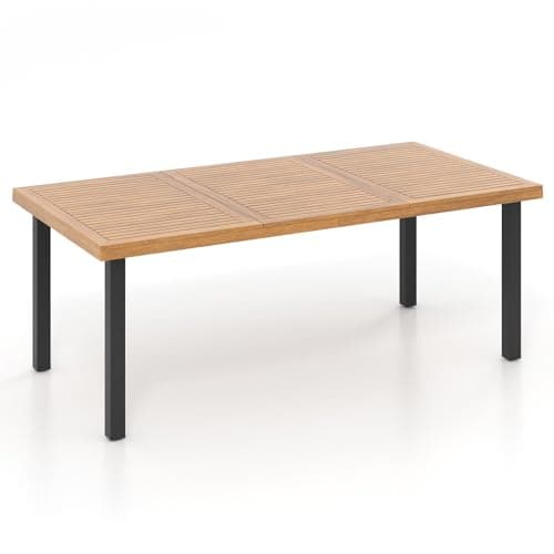 Image of COSTWAY 8 Seater Outdoor Dining Table, 2m Acacia Wood Garden Tables with Umbrella Hole, Metal Legs & Adjustable Foot Pads, Rectangular Bistro Patio Table for Poolside Backyard (200 x 100 x 75cm)