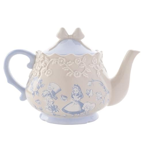 Image of Disney - Alice in Wonderland - Ceramic Teapot - Alice, Mad Hatter & Roses Motif - Decor and Homeware for Garden Party Decorations, Hosting, Serving & Dining. H:16cm x W:22cm x D:16cm
