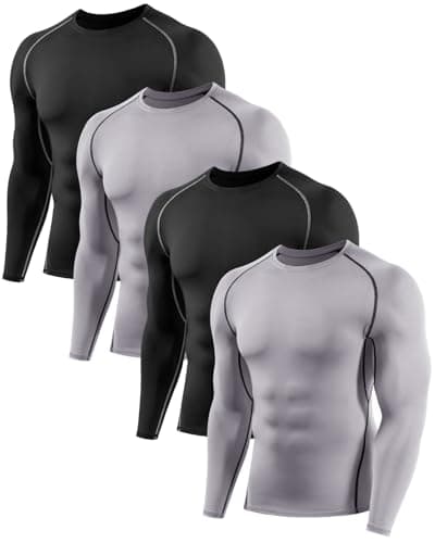 Image of Orrfreer 4 Pack Men's Long Sleeve Compression Base Layer Top Quick Dry Long Sleeve Running Top Mens Tight Baselayer Tee Shirts All Season for Running Training Black/Grey/Black/Grey M