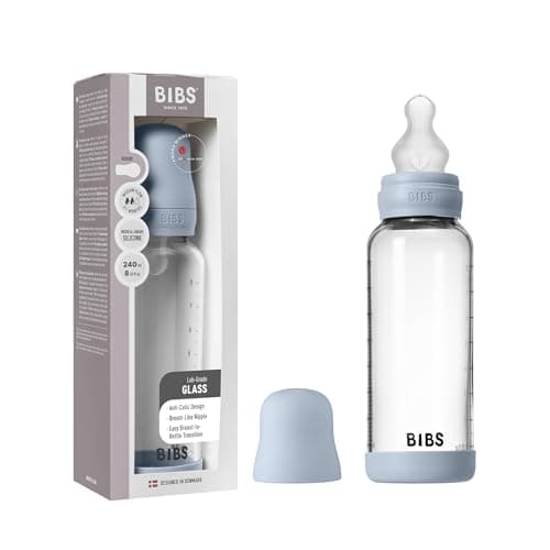 Image of BIBS Baby Glass Bottle. 240ml. Anti-Colic. Vented Round Silcone Teat. Supports Natural Breastfeeding, Medium Flow, Complete Set - 240 ml, Baby Blue