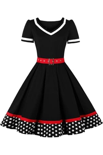 Image of AXOE Women's 50s Style Vintage Rockabilly Dress A-Line Cotton Belted Wedding Guest & Prom Dress Party Wear Black with White Polka Dots, UK Size 16, XL