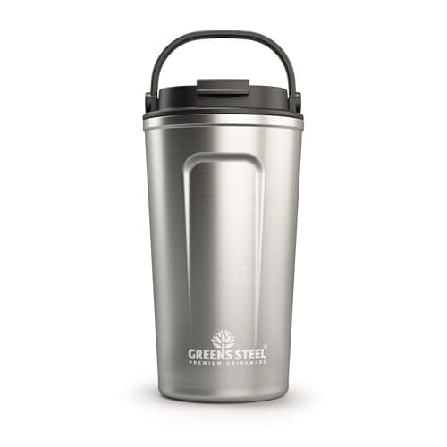 Image of Greens Steel Reusable Coffee Cup - 480 ml (16 oz) Silver | Travel Mug with Lid & Handle | Stainless Steel Insulated Flask for Hot & Cold Drinks | Leak Proof Tumbler for Tea, Coffee, Iced Drinks