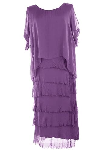 Image of TEXTURE Ladies Womens Italian Lagenlook Plain Short Sleeve Frill RARA Frayed Detail Silk Midi Maxi Dress One Size (UK, Alpha, One Size, Regular, Regular, Purple)