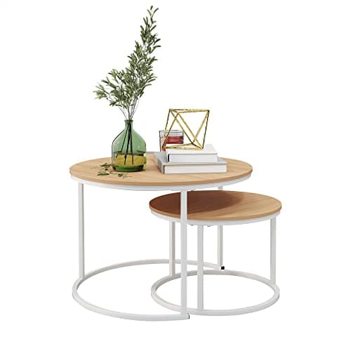 Image of HOJINLINERO Round Nesting Coffee Table Set of 2 End Table for Living Room,69.5x49cm Industrial Stacking Side Table for Living Room/Bedroom/Small Space,White + OAKDK