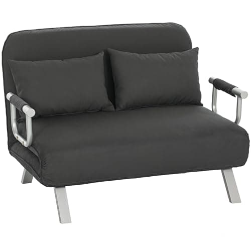 Image of HOMCOM 2 Seater Sofa Bed, Click Clack Convertible Bed Settee, Modern Faux Suede Upholstered Sofa with 2 Pillows for Living Room, Guest Room, Charcoal Grey
