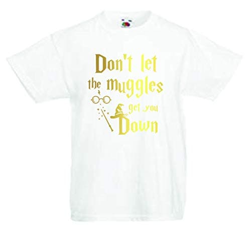 Image of Don't Let The Muggles Get You Down Harry Potter Fan T-Shirt Gift for Boys or Girls Tshirt Age 2-3 to Age 12-13 (Age 5-6, White)