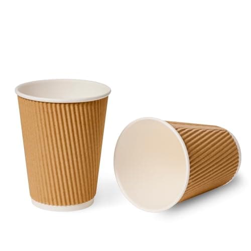 Image of Sunrise Packaging 50 x 12oz Kraft Ripple Coffee Cups 340ml | Eco-Friendly Insulated Brown Hot Drinks Cups | Recyclable Leakproof Brown Paper Cups for Tea Coffee Cappuccino Hot Chocolates