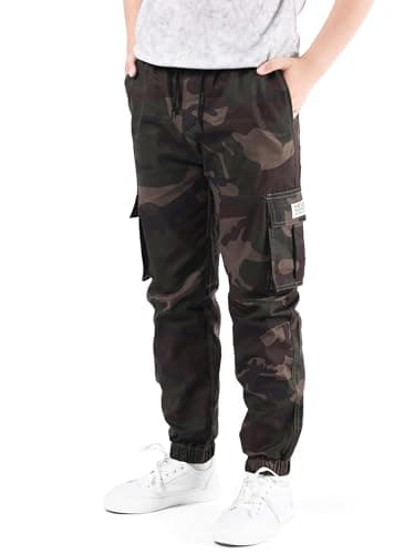 Image of NATUST Boys Cargo Trousers Kids Elastic Waist Joggers Multi Pockets Casual Pants Camo Green 11-12 Years