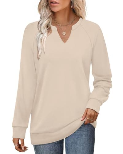 Image of Aokosor Jumpers for Women Sweatshirts Ladies Tops V Neck Long Sleeve Tops Size 6-8 Beige
