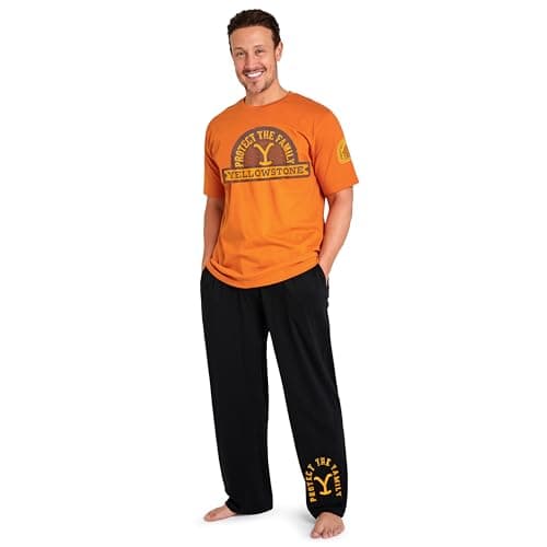 Image of Yellowstone Mens Pyjamas Set, Comfortable Cotton Loungewear - Gifts for Him (Orange/Black, XL)