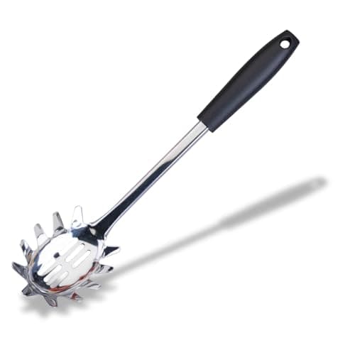 Image of Fackelmann Initial Spaghetti Spoon, Stainless Steel with Plastic Handle, Kitchen Server, Pronged Pasta Fork with Slotted Holes, Serving Spoon, Scoop & Drain, 32cm, Silver