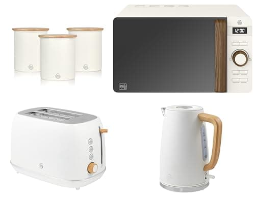 Image of Swan Fjord White Jug Kettle and 2 Slice Toaster plus Nordic 800W 20L Microwave and 3 Storage Canisters. Matching Scandinavian Inspired Design Kitchen Set. Part of the Swan Nordic Collection