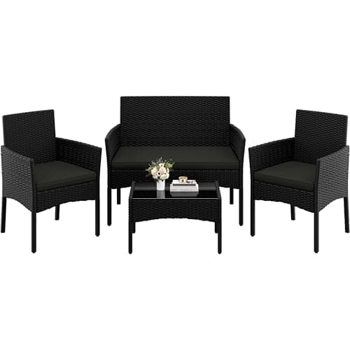 Image of Yaheetech 4 Pieces Outdoor Patio Conversation Set, PE Rattan Wicker Sofa Set with Soft Cushion and Tempered Glass Table for Yard, Poolside, Garden (Black/Grey)
