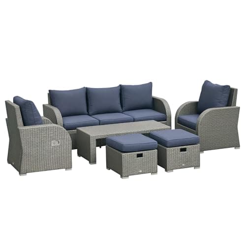 Image of Outsunny 7 Seater Rattan Garden Furniture Set, 2 Reclining Chairs, 3 Seater Sofa, Coffee Table, Footstools, Space-Saving 6 Piece Outdoor Patio Furniture Conversation Set with Cushions, Blue