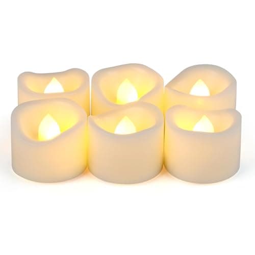 Image of 6 Flameless LED Battery Operated Tea Lights with Timer Realistic Flickering Electric Tealight Votive Candles Set Bulk Baptism Wedding Party Decorations Home Decor Centerpieces Batteries Incl.