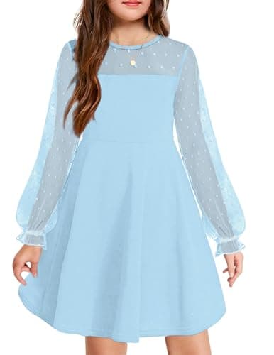 Image of Arshiner Dress Girls Long Sleeve Party Dresses Casual Dress Kids Round Neck Knee-Length Dresses for Girls Blue 140 9-10 Years