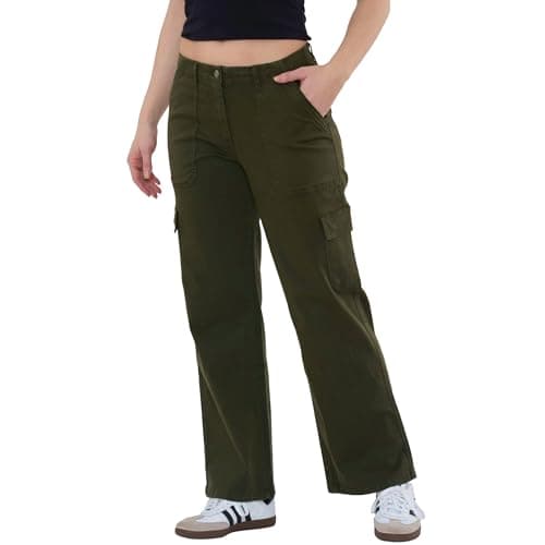 Image of MYT Womens Cargo Trousers Wide Leg High Waist Utility Combat Chino Pants Casual Work Bottoms Outdoor Streetwear Olive Green 22 Regular