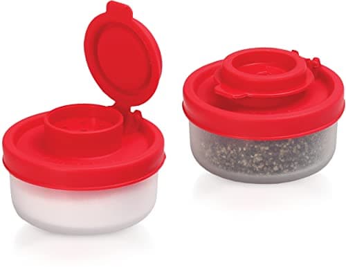Image of Signoraware Salt and Pepper Shakers Moisture Proof Set of 2 Small Mini Salt Shaker to go Camping Picnic Outdoors Kitchen Lunch Boxes Travel Spice Set Clear with Red Covers Plastic Airtight Dispenser