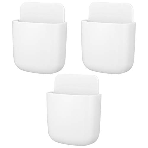 Image of QINREN Wall-mounted Remote Control Storage Box, 3pcs Self-adhesive Mounted Sundries Organizer Hanging Container Phone Charging Rack Holder for Storing Remote Control, Cell Phone, Pen, Key (White)
