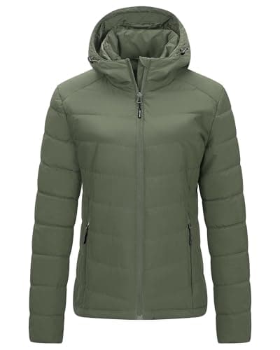 Image of Outdoor Ventures Women's Winter Puffer Jacket Quilted Padded Coat Transitional Insulated Hooded Jackets Windproof Outerwear for Hiking Travel Skiing Olive-green XXL