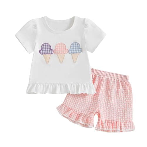 Image of Geagodelia Baby Girl Summer Clothes Outfit Set 2Pcs Baby Grows Ruffle T-Shirt Top + Plaid Shorts Newborn Toddler Clothing 0-4 Years (Ice Cream - Pink, 6-12 Months)