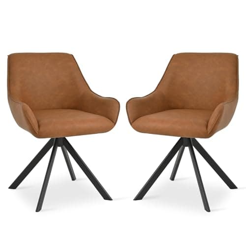 Image of Goeurvant Swivel Dining Chairs Set of 2 with Armrests,360° Swivel Upholstered Chairs,Modern PU Leather Chair,Kitchen Chair with Metal Frame and Backrest for Dining Room,Living Room,Office, Brown ﻿