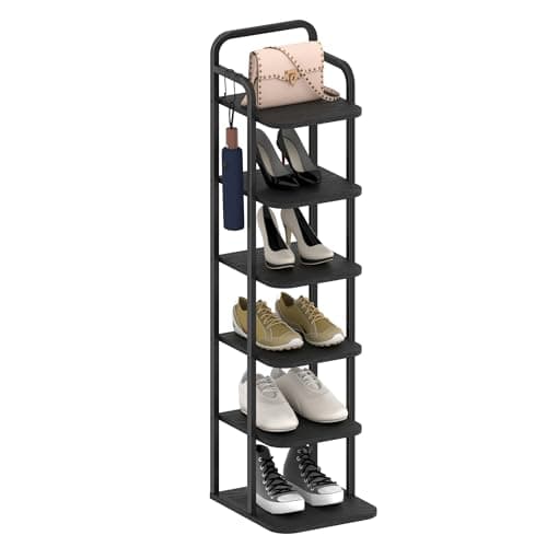 Image of Hzuaneri Vertical Shoe Rack, Shoe Shelves, Wood Shoes Organizer for Closet, Entryway, Shoes Tower for Small Spaces, Freestanding, with 2 Hooks, Black,6 Tier(26.5Wcm) SR04204B