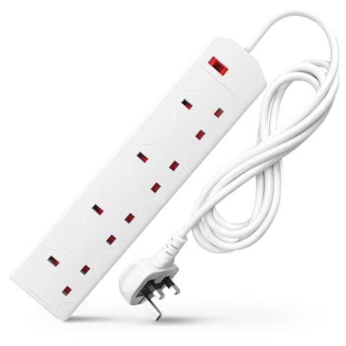 Image of DESIRETECH White Electric Extension Lead - 4 Gang, 2 Metre Cable with UK Plug & 3 Pin Socket - Wall Mountable & Multi Socket Mains Strip for Home, Bedroom, Kitchen, & Office (1 Pack)