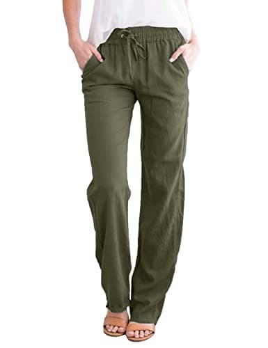 Image of UMIPUBO Womens Straight Leg Jogger Trousers Cotton and Linen Full Length Casual Full Elasticated Waist Bottoms Summer Drawstring Pants (Green, XXL)