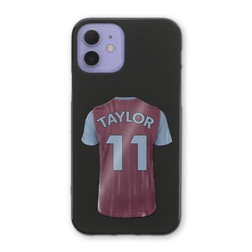 Image of Personalised Football Phone Case For Apple iPhone 17, 16, 15, 14,13, 12, 11, Pro Max, Mini, XR, XS, SE Burgandy Blue Football Shirt Phone Case with Name and Number, Soft Black TPU Phone Cover