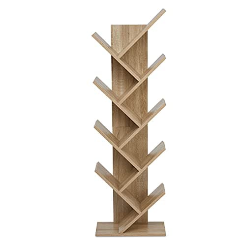 Image of Mondeer Bookcase, Tree Bookshelf 8 Tier Floor Standing Wooden Shelves for CDs Magazine in Living Room Home Office Oak, 40 * 20 * 127cm