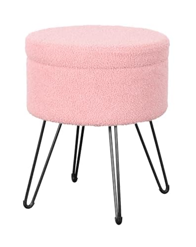 Image of La Maison Velvet Round Stool Ottoman Storage Seat Vanity Dressing Table Stool Chair Coffee Table Tray Metal Legs (Boucle Blush Pink)