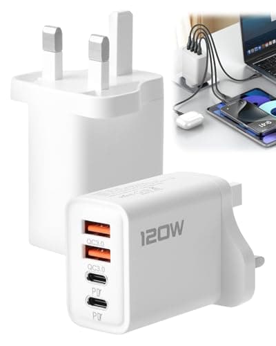 Image of 120W USB C Plug Fast Charge 2Pcs 4-Port Multi USB Plug UK Dual PD QC Wall Charger Head Type C Charger Head for iPhone 17 16 15 14 13 12 Pro Max Plus X XS XR Samsung, 2 Type C+2 USB A White