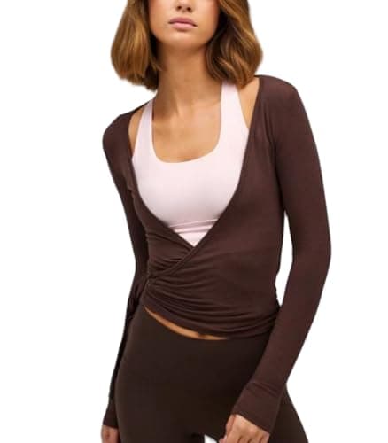 Image of Geagodelia Long Sleeve Wrap Over Tops for Women Front Tie Slim Fitted Deep V-Neck Cross Wrap Around Tops Workout Pilates Ballet Yoga Gym Sports Top (Brown, M)