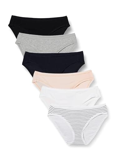 Image of Amazon Essentials Women's Cotton Bikini Brief Underwear (Available in Plus Size), Pack of 6, Multicolour/Heather/Stripes, 12
