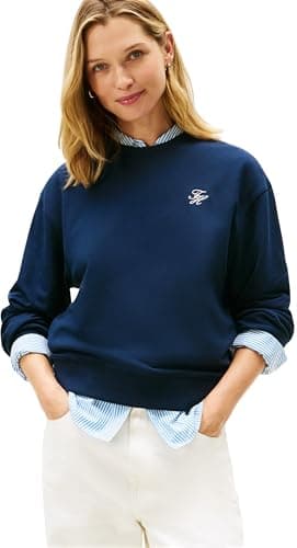 Image of Tommy Hilfiger Women's TH SCRIPT REG TERRY SWTSHRT WW0WW49418 Pullover Sweatshirt, BLUE (Dark Night Navy), L