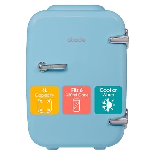 Image of Abode Blue Mini Fridge A4CLR201BL 4L/6 Can Portable Thermoelectric Mini Cooler & Warmer for Drinks, Cosmetics/Makeup/Skincare, AC/DC Power, Retro Style, For Bedroom, Home, Caravan, Car