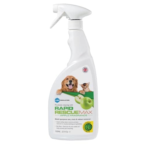 Image of Rapid Rescue MAX Pet Stain and Odour Remover, Urine Neutraliser - Apple Fragrance | Natural Microbe Enzyme Cleaner Spray - Fast-Acting Pet Odour Eliminator for Carpets, Wood Floors, Cars, Rugs - 750ml