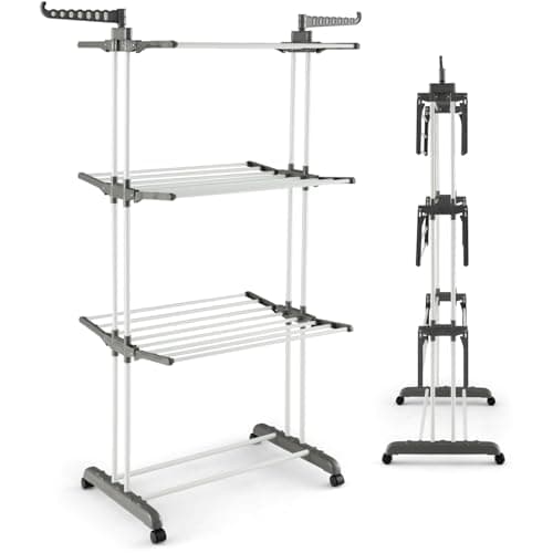 Image of UTTAM Extra Large 4-Tier Clothes Drying Rack with Wheels – Foldable, Thick & Durable Stainless Steel Clothes Airer for Indoor & Outdoor Use, Laundry, Bedroom (Grey)