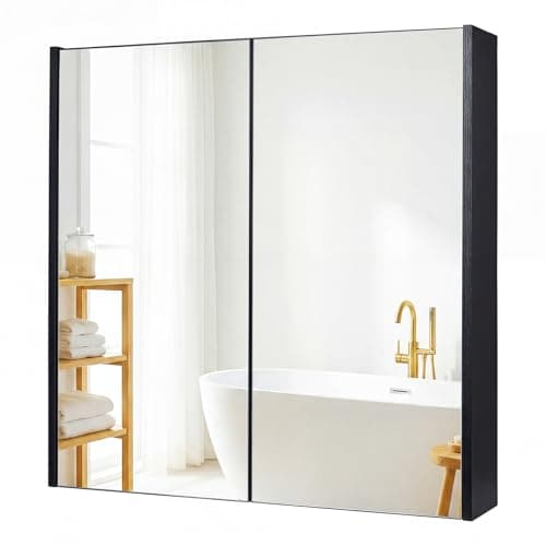 Image of COSTWAY Bathroom Mirror Cabinet, Wall Mounted Storage Cupboard with Shelf, Home Kitchen Living Room Display Organiser Unit (Double Door, Black)