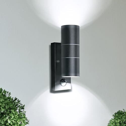 Image of Unikcst Outdoor Wall Lights Mains Powered PIR Motion Sensor Up Down Outside Wall Lights IP44 Black 240V, Incl. 2X 5W LED GU10 Bulbs Cool White