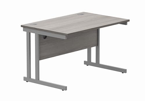 Image of Office Hippo Essentials Rectangular Desks, Home Writing Computer Desk Office Desk For Work Place Or Home, Home Office Desk With Cable Port Management, Silver Frame, Alaskan Grey Oak 120cm x 80cm